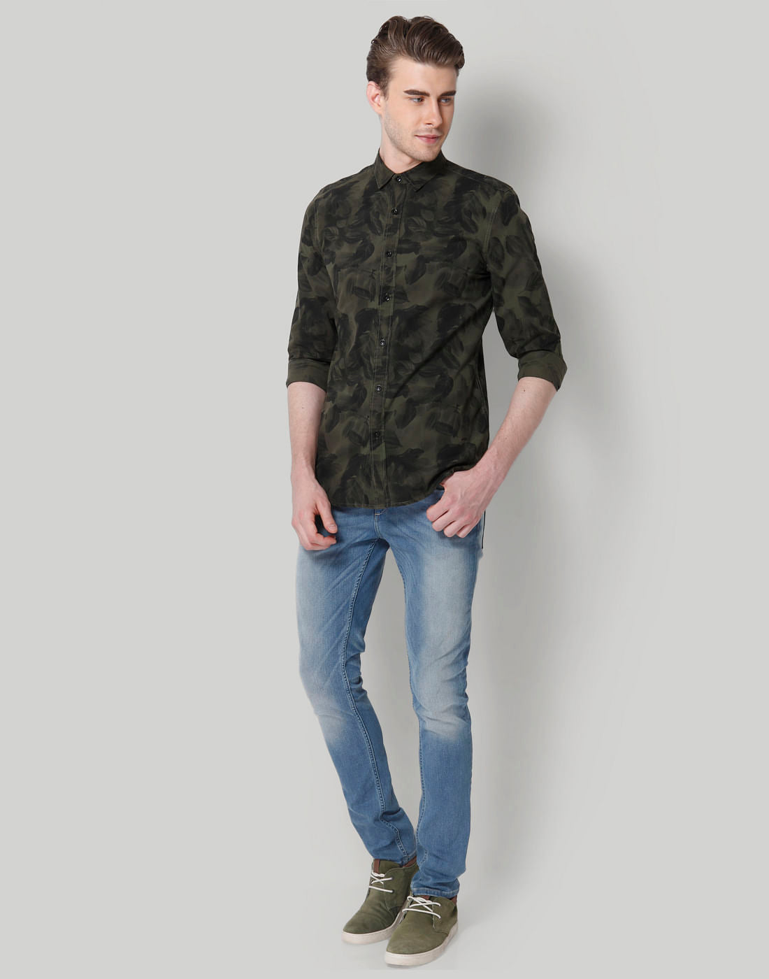 Green Leaf Print Slim Fit Shirt