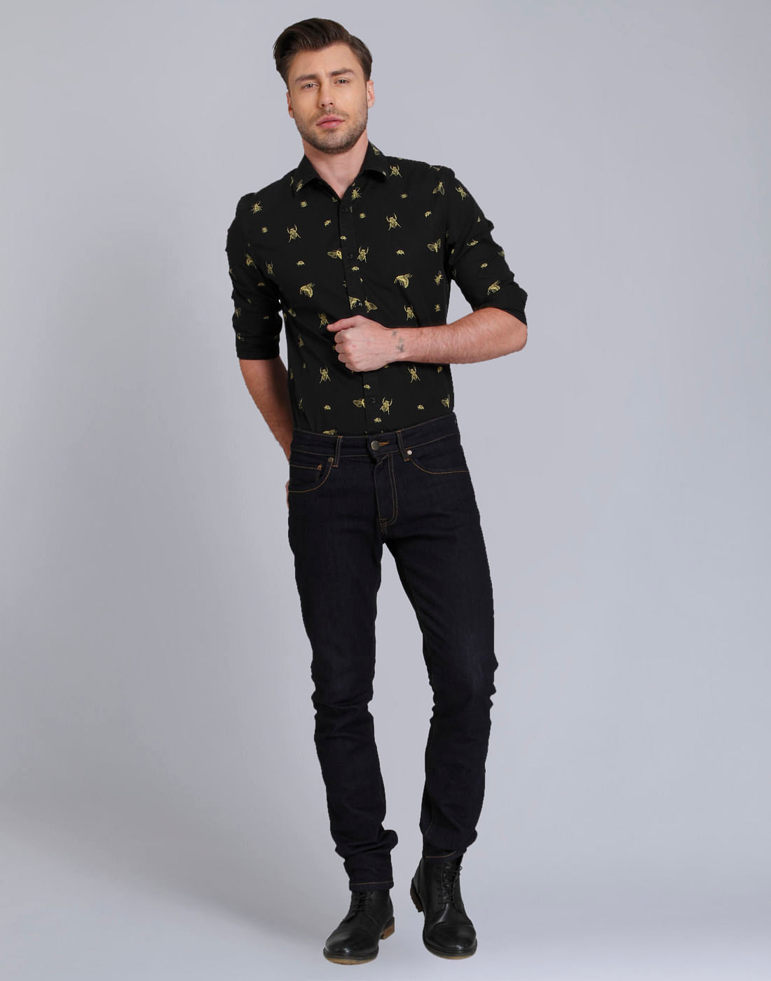Green Beetle Print Slim Fit Shirt