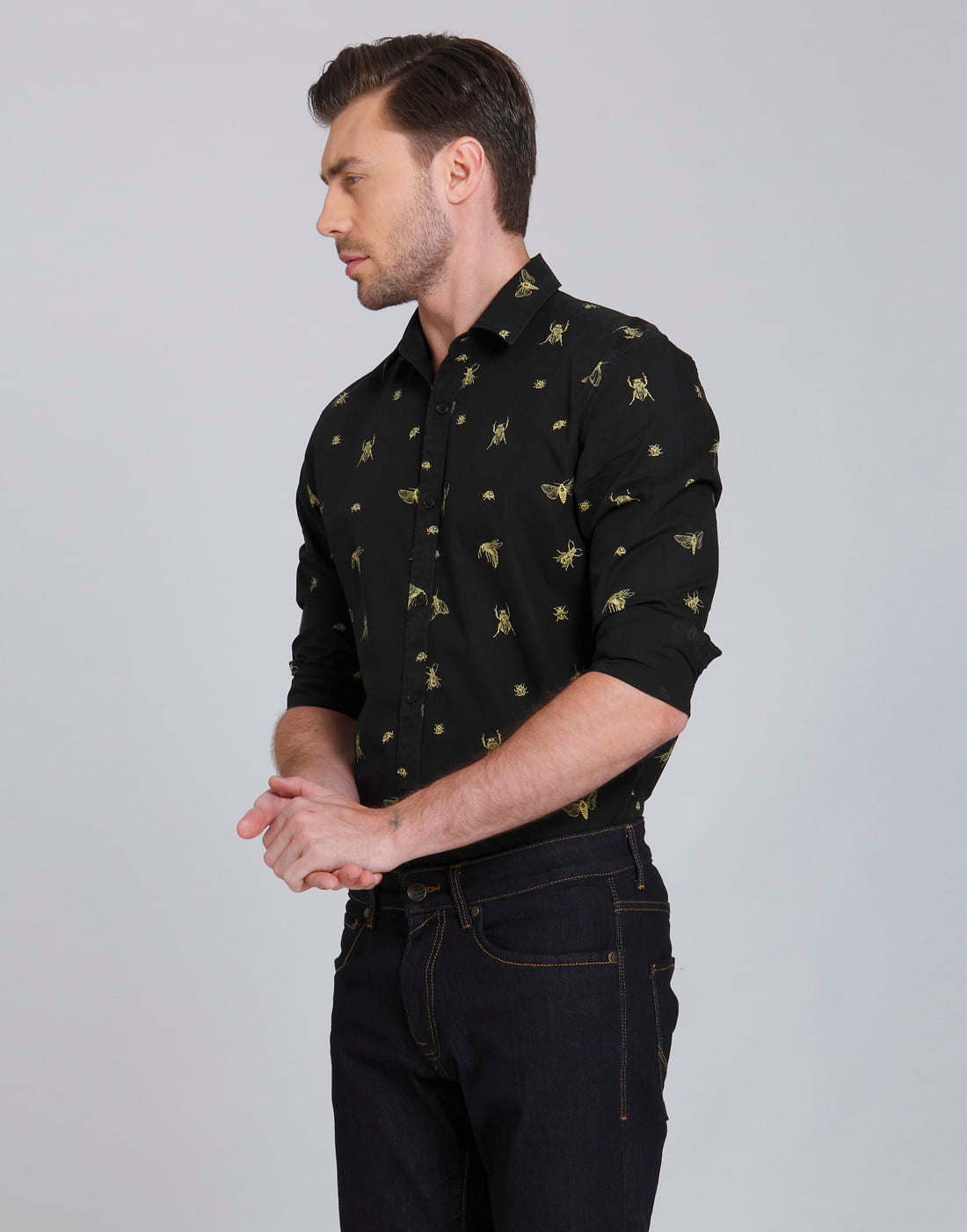 Green Beetle Print Slim Fit Shirt