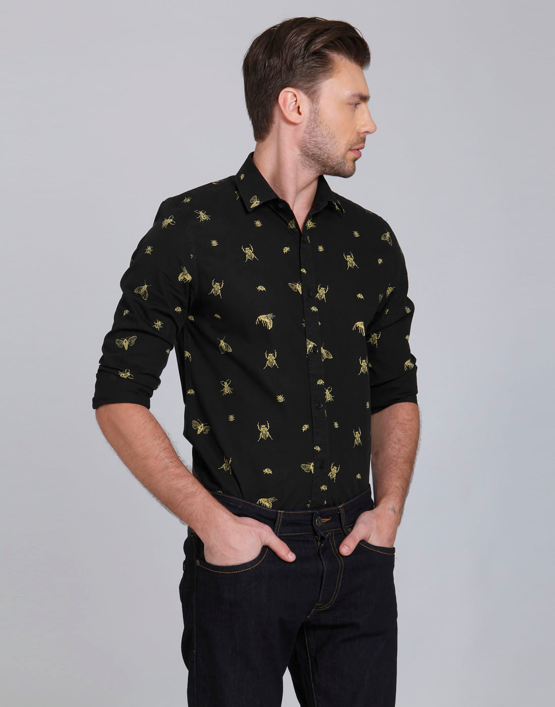 Green Beetle Print Slim Fit Shirt
