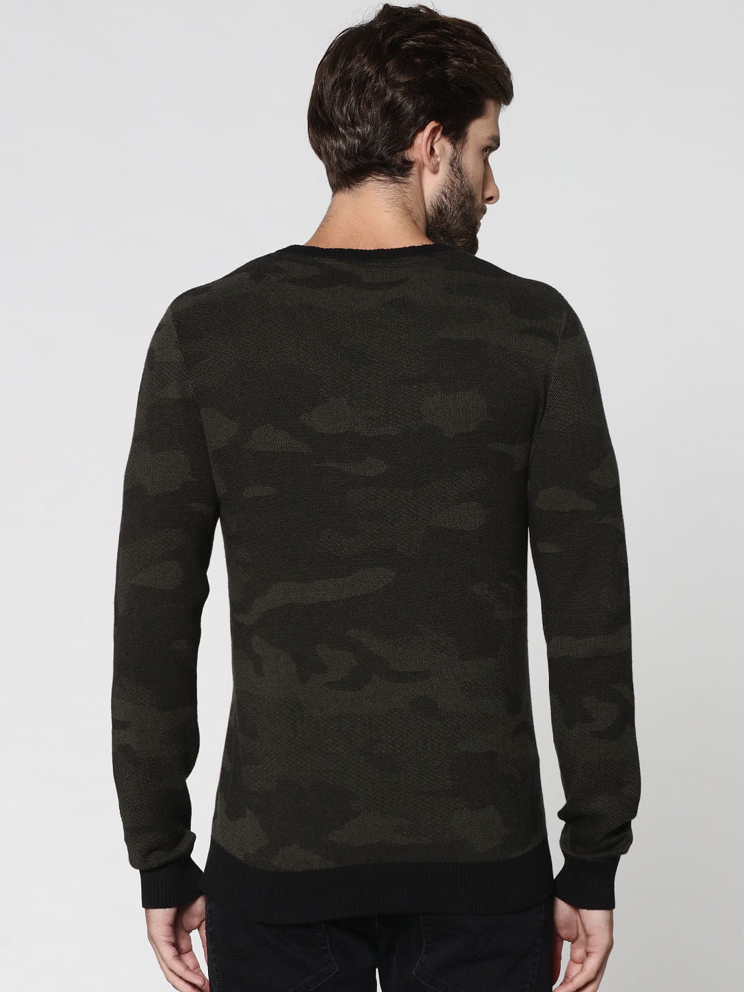Black Camo Print Crew Neck Pullover