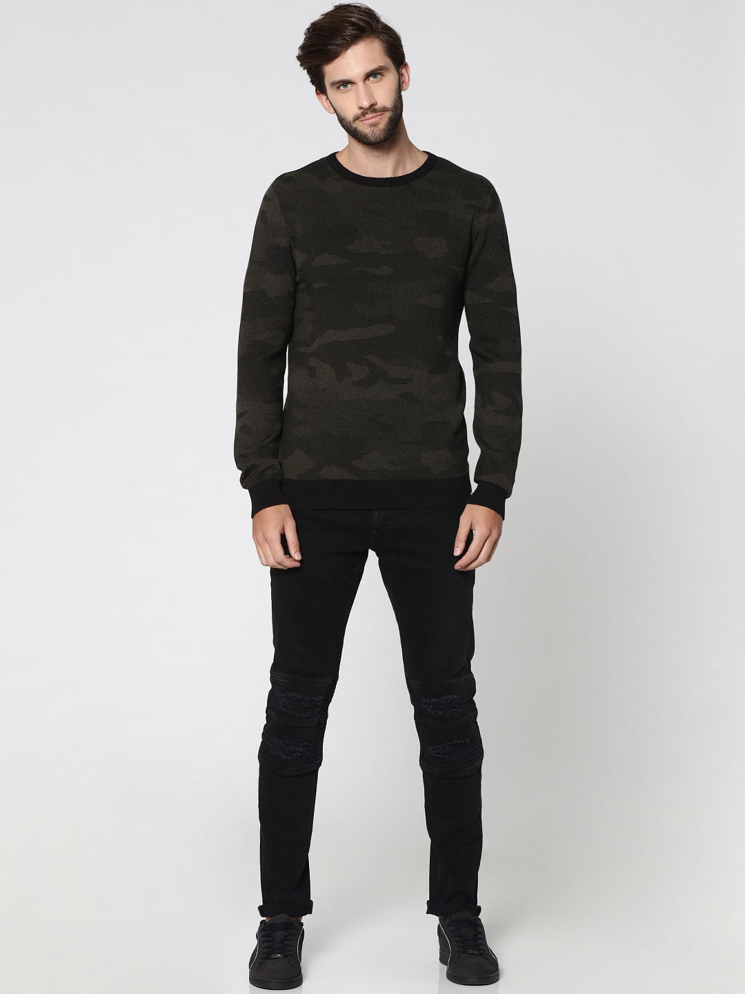 Black Camo Print Crew Neck Pullover