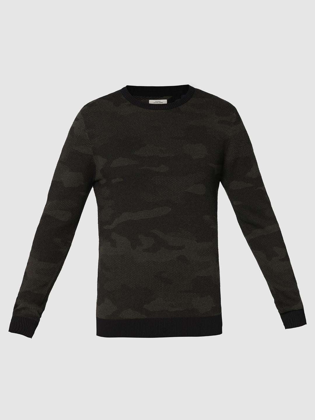 Black Camo Print Crew Neck Pullover