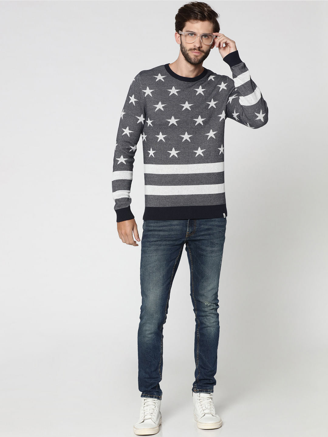 Dark Grey Star Print & Striped Sweatshirt