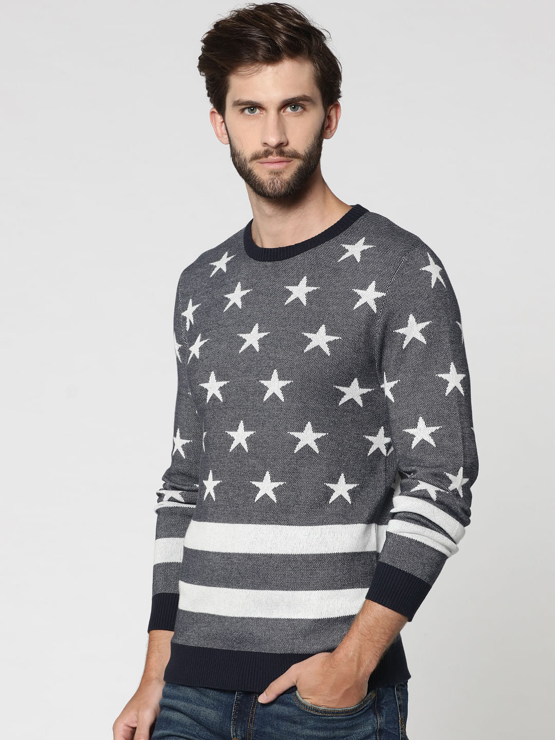 Dark Grey Star Print & Striped Sweatshirt