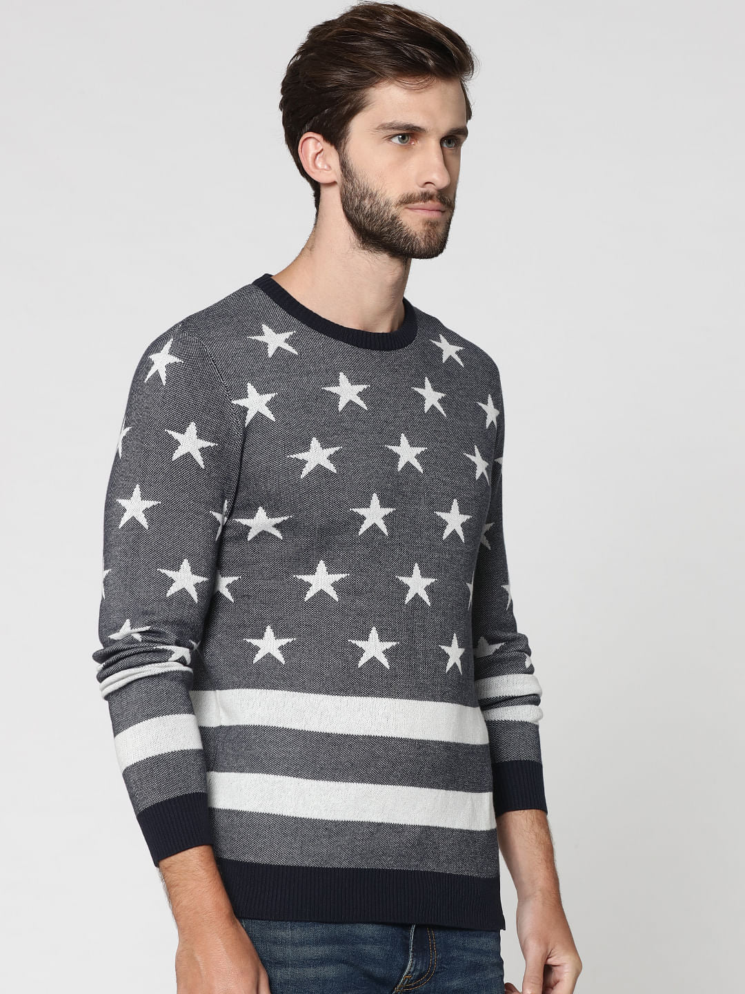 Dark Grey Star Print & Striped Sweatshirt