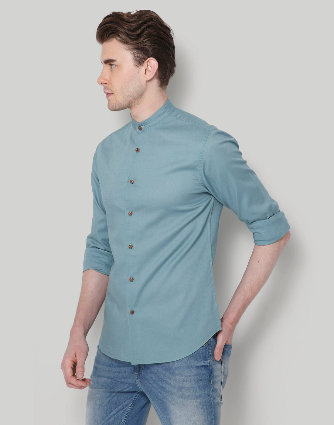 Turquoise Blue Mandarin Collar Slim Fit Shirt