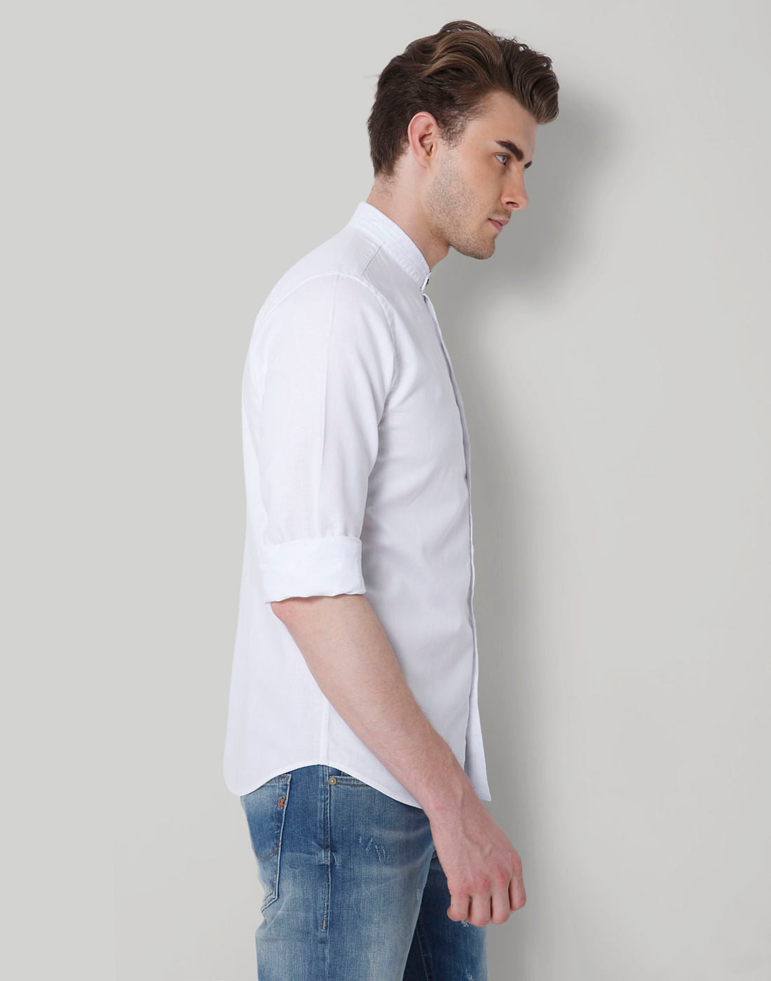 White Mandarin Collar Slim Fit Shirt