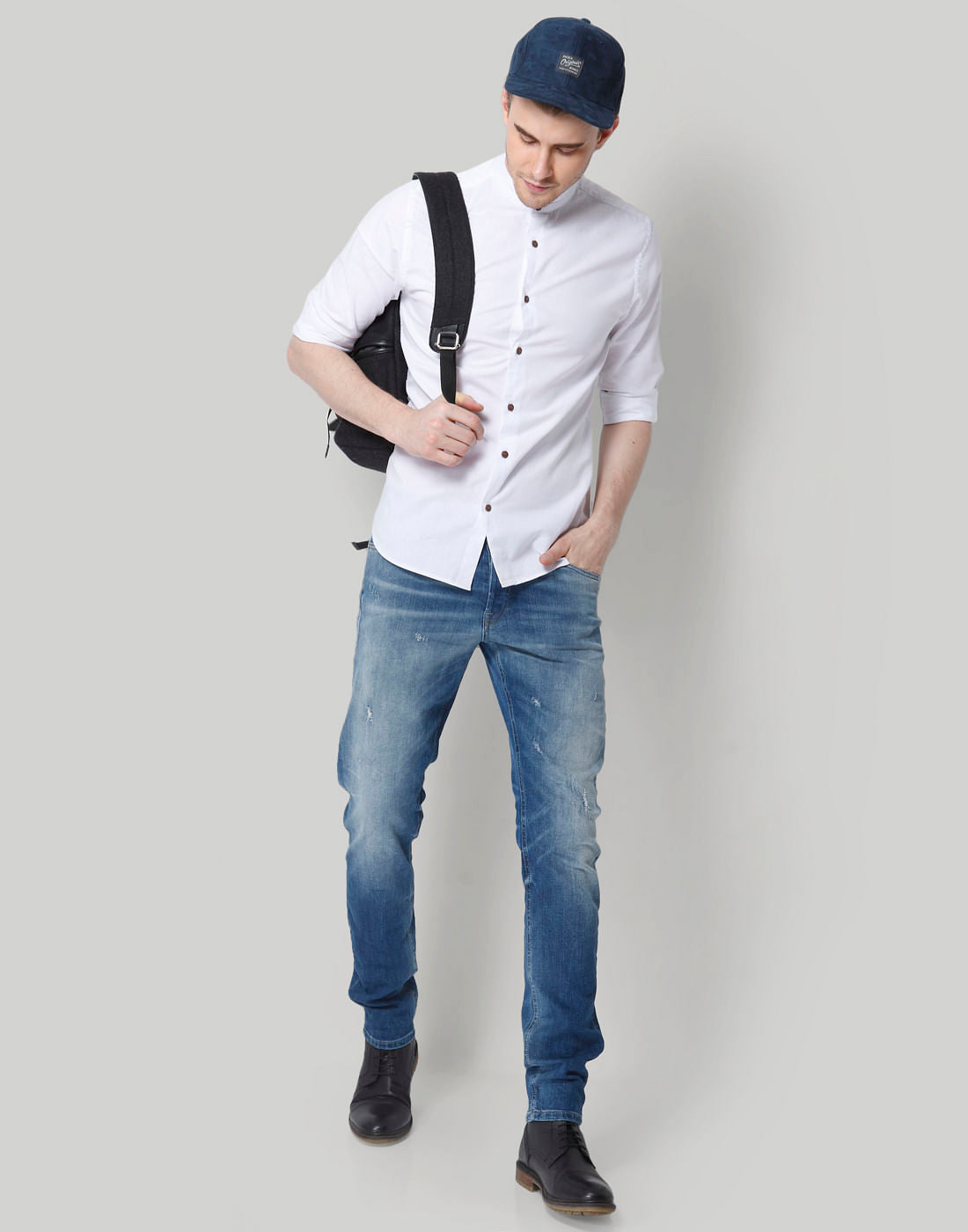 White Mandarin Collar Slim Fit Shirt