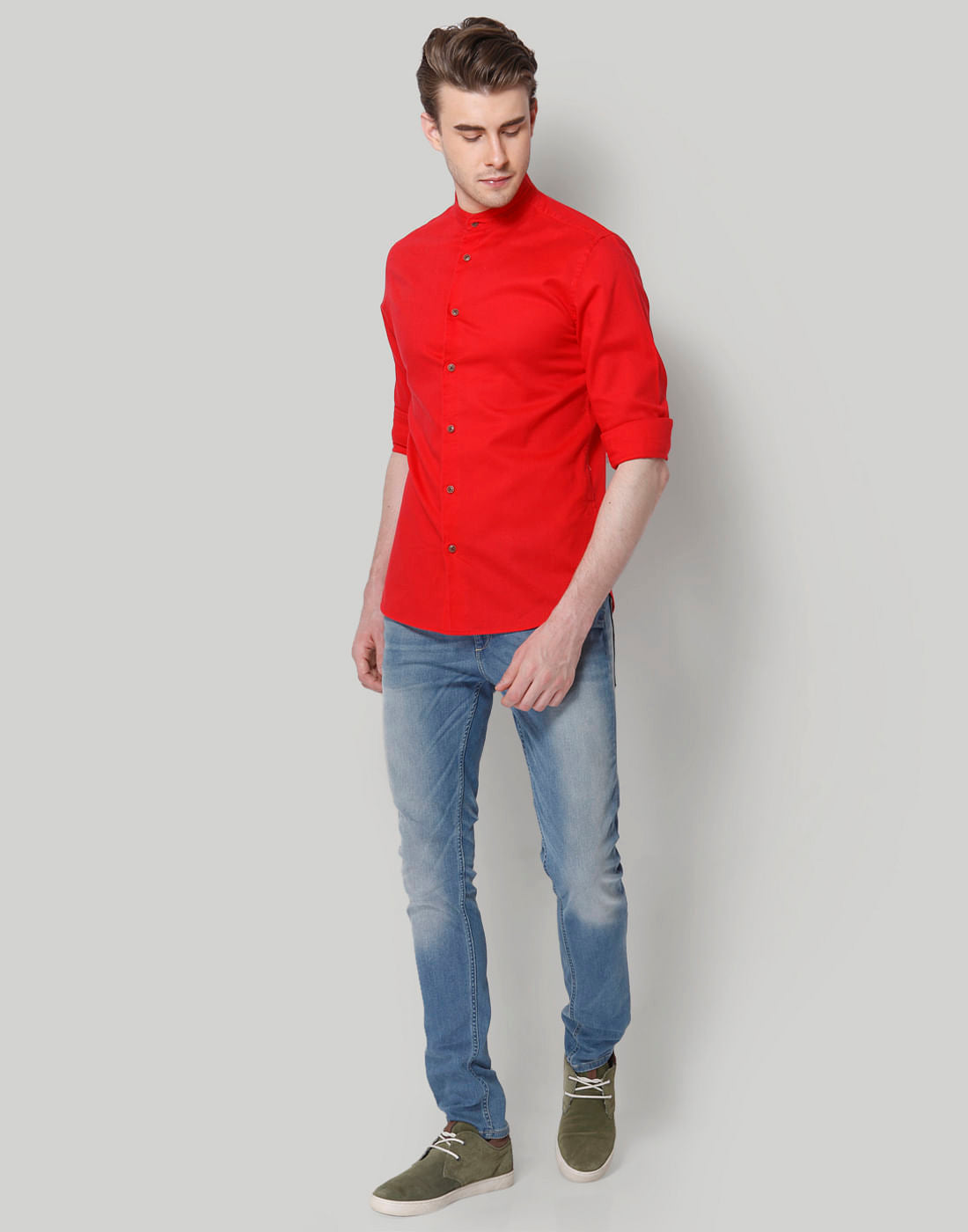 Red Mandarin Collar Slim Fit Shirt