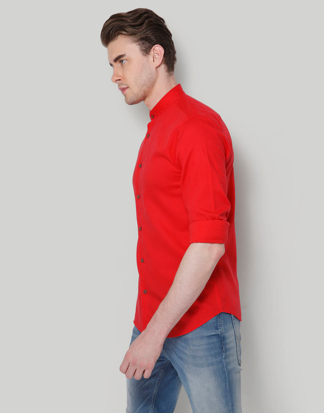 Red Mandarin Collar Slim Fit Shirt