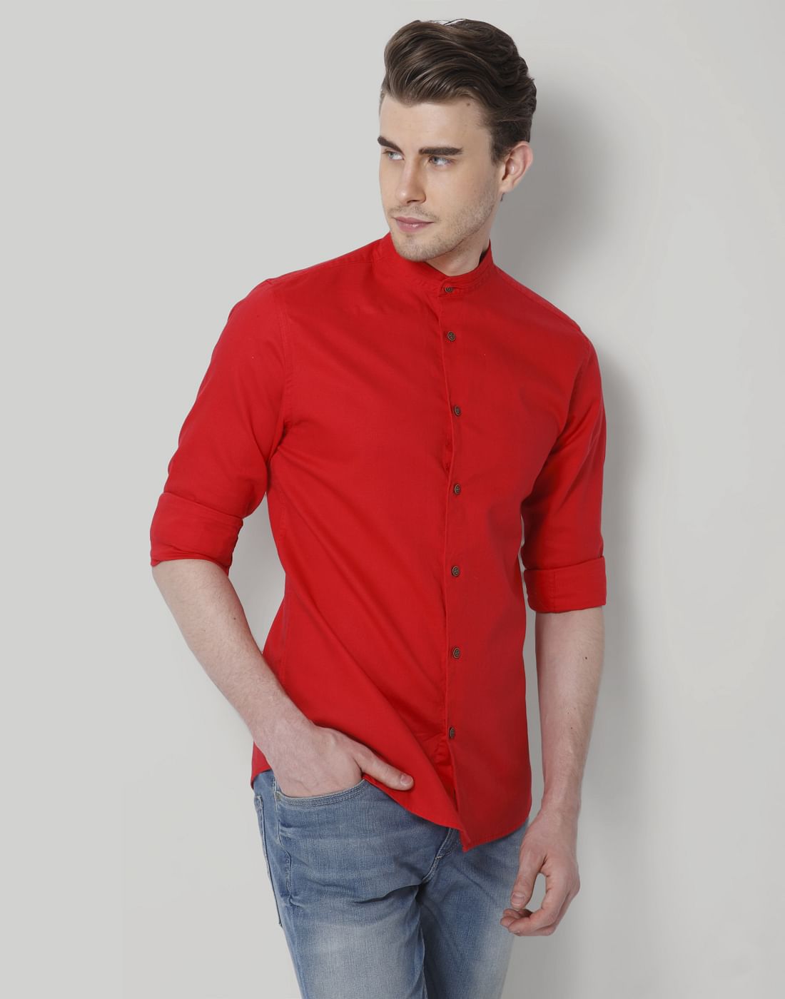 Red Mandarin Collar Slim Fit Shirt