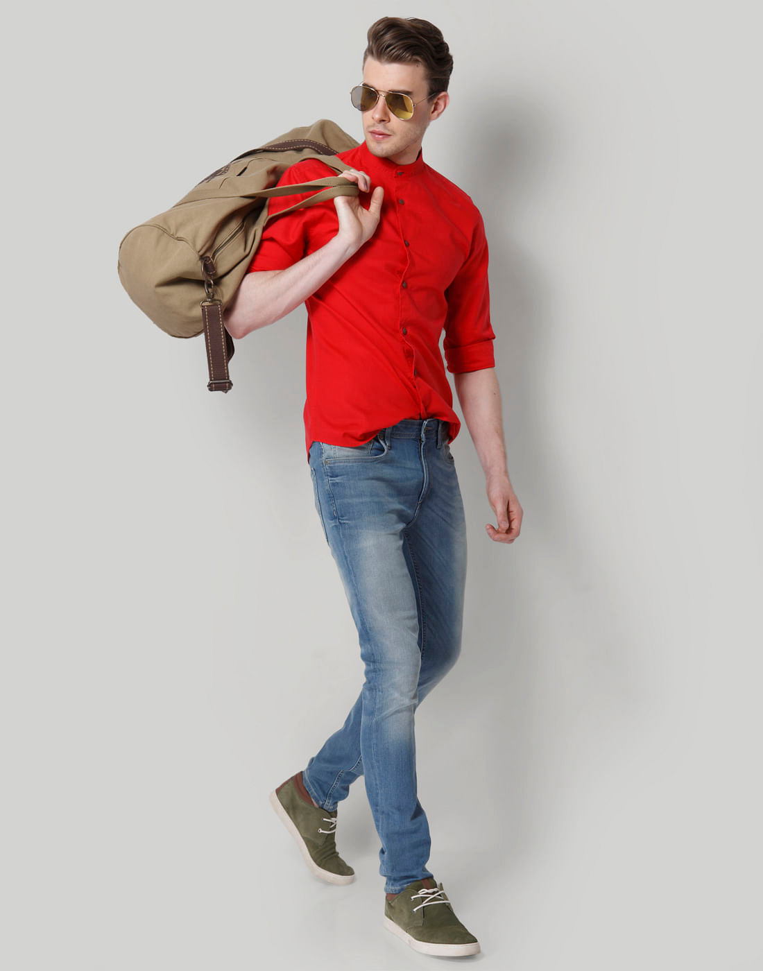 Red Mandarin Collar Slim Fit Shirt