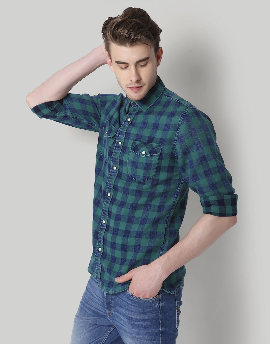 Blue & Green Check Slim Fit Shirt