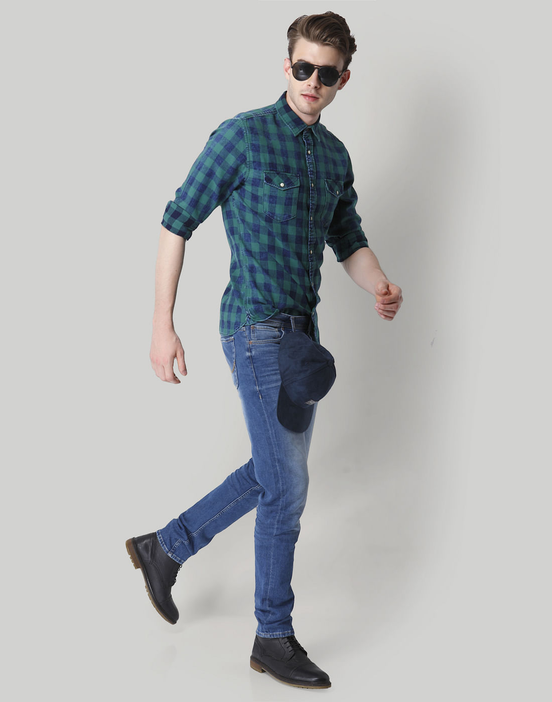 Blue & Green Check Slim Fit Shirt