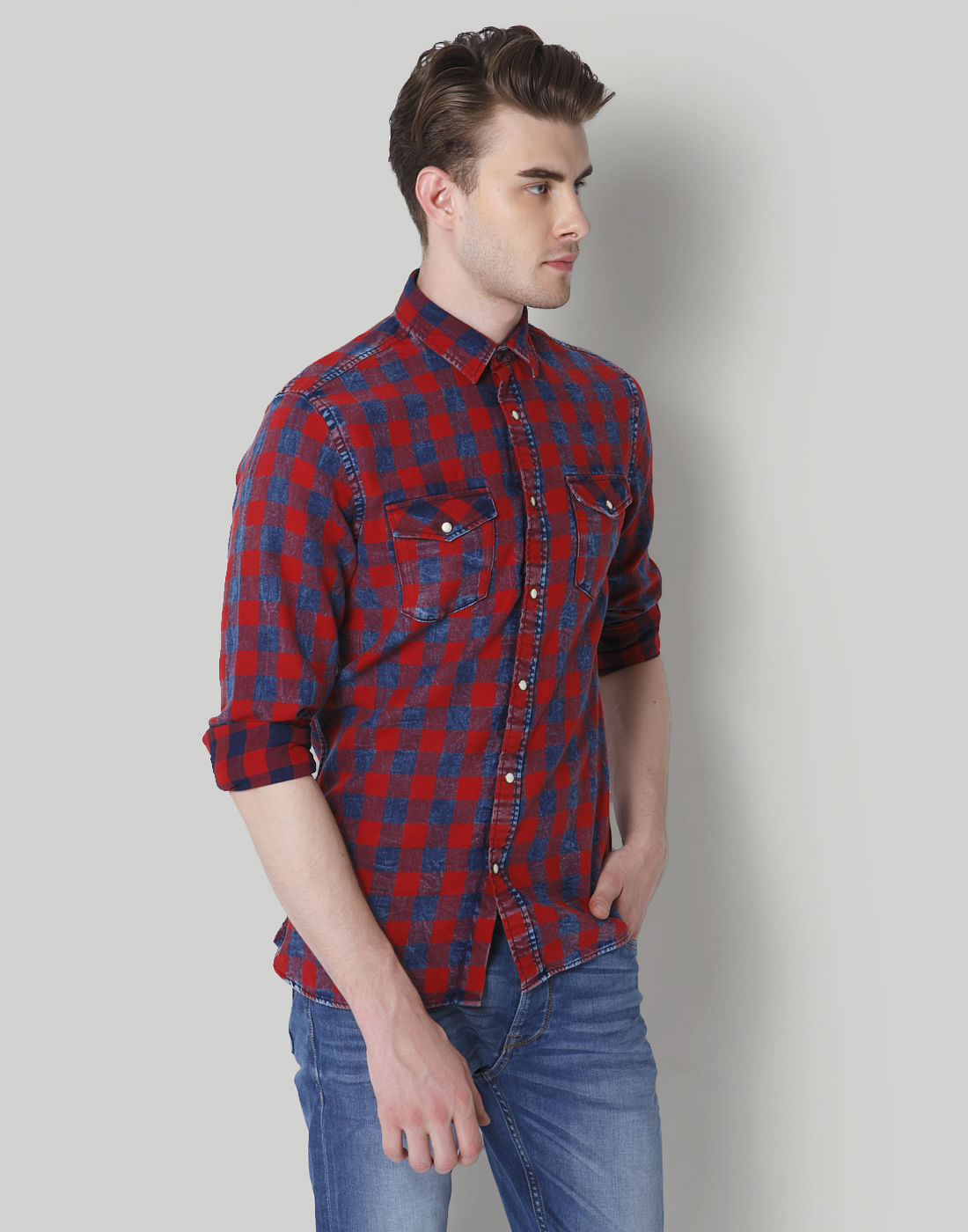 Red & Blue Check Slim Fit Shirt