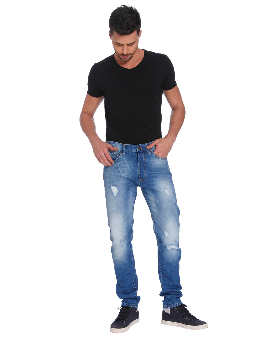 Blue Mild Distressed High Rise Regular Fit Jeans