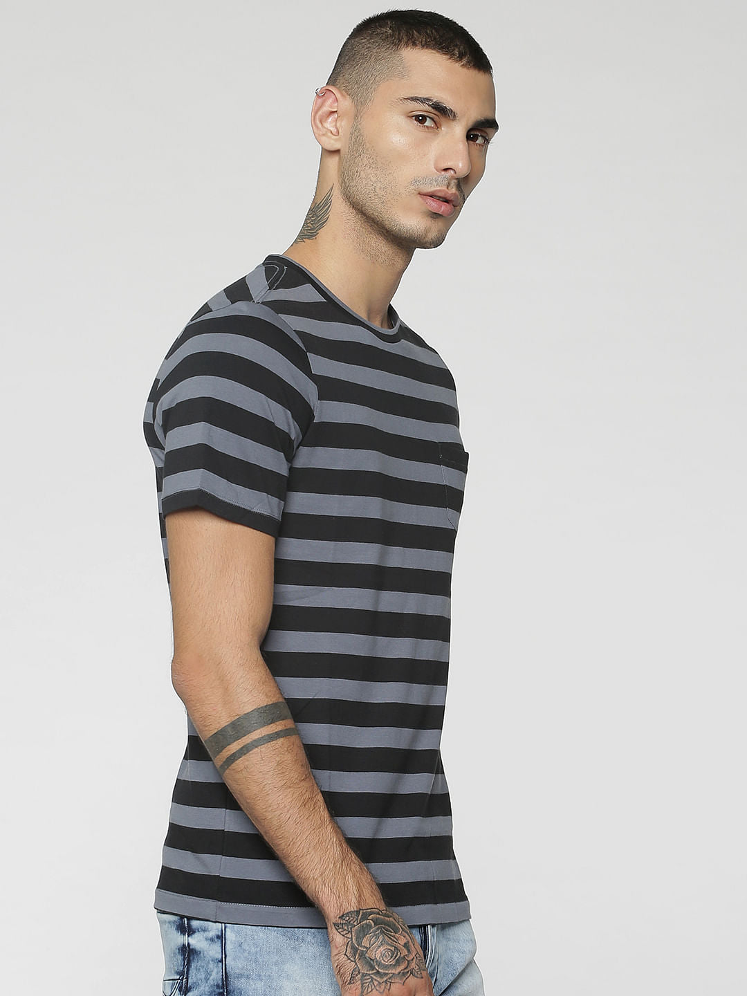 Black Striped One Pocket Crew Neck T-Shirt