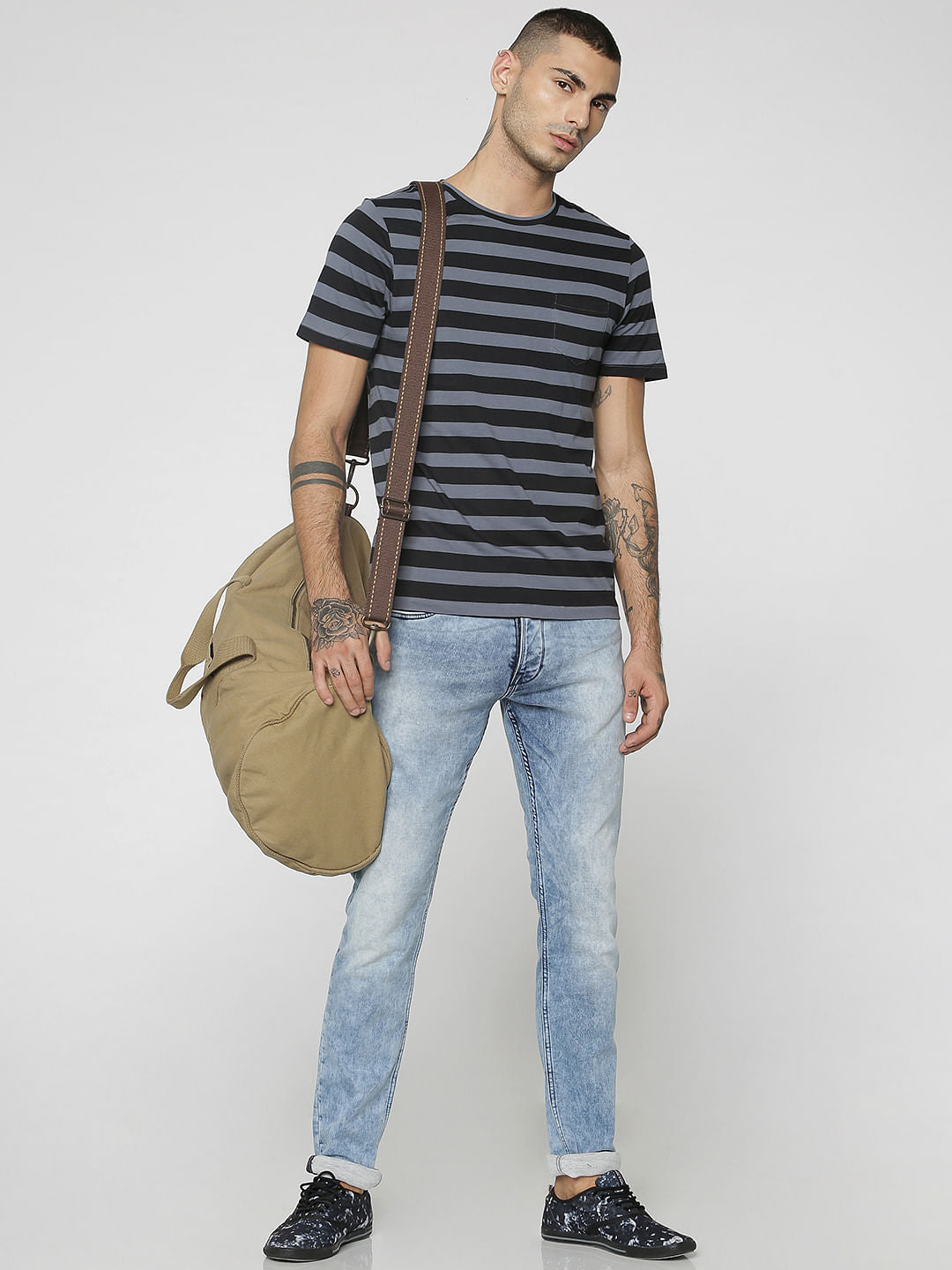 Black Striped One Pocket Crew Neck T-Shirt