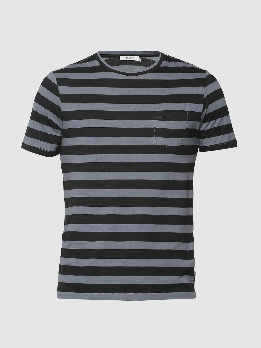 Black Striped One Pocket Crew Neck T-Shirt