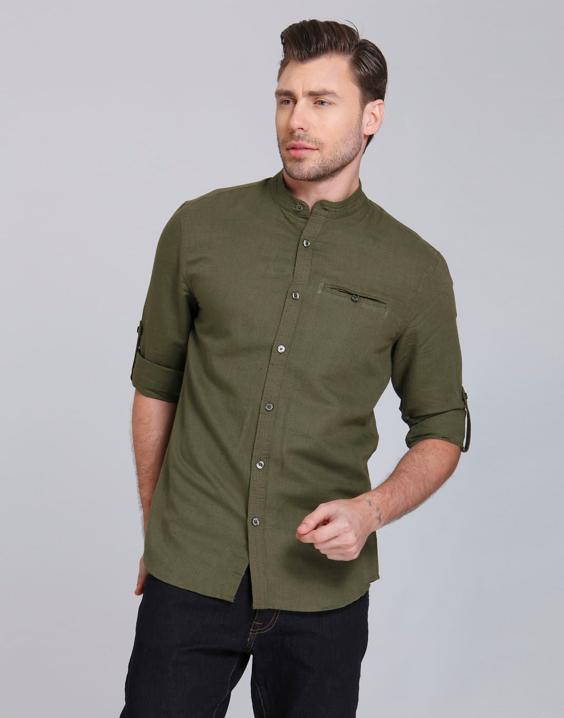 Olive Green Mandarin Collar Linen Shirt