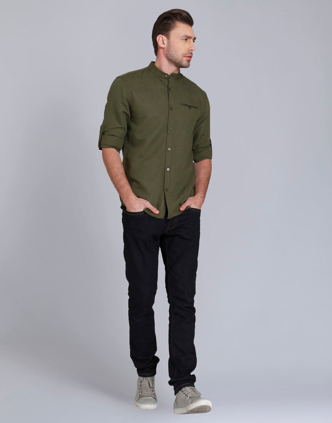 Olive Green Mandarin Collar Linen Shirt