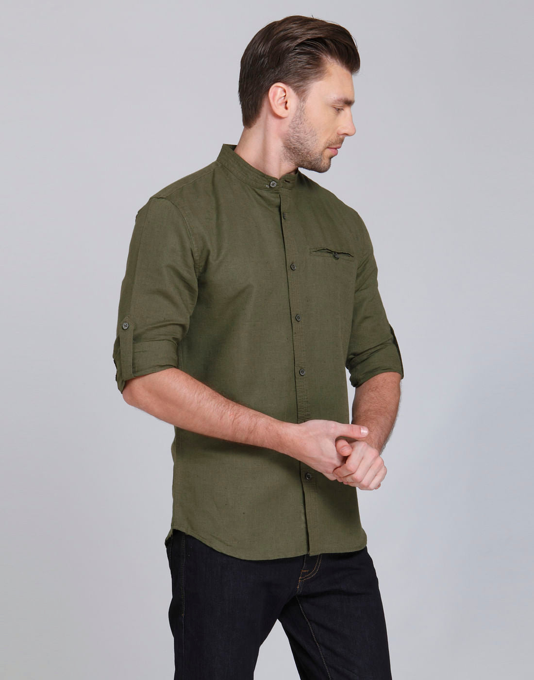 Olive Green Mandarin Collar Linen Shirt
