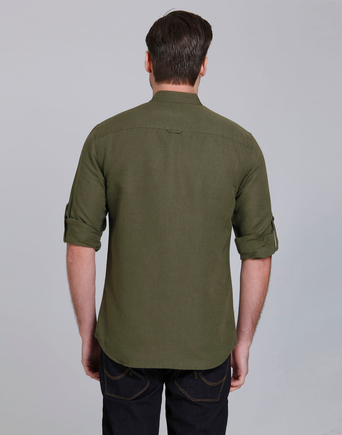 Olive Green Mandarin Collar Linen Shirt