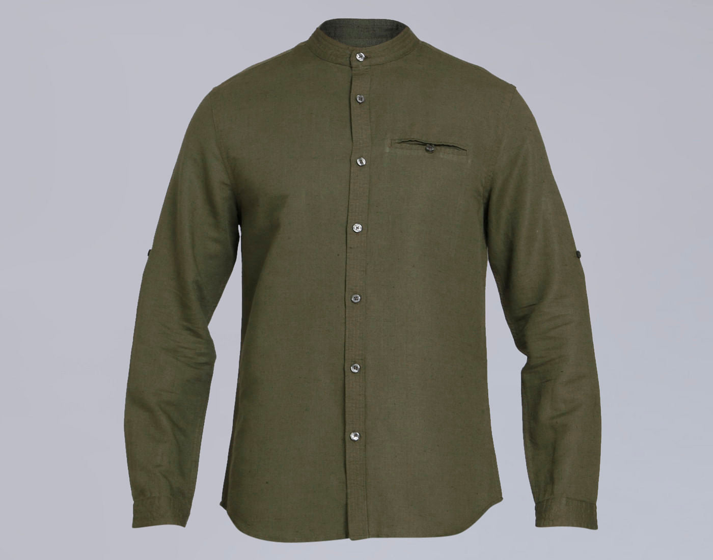Olive Green Mandarin Collar Linen Shirt