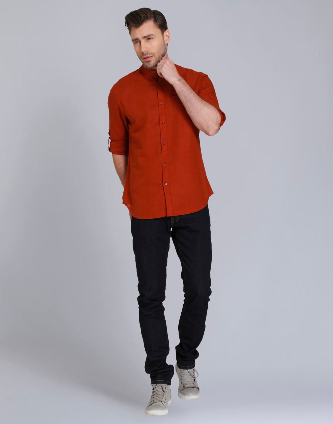 Rust Mandarin Collar Linen Shirt