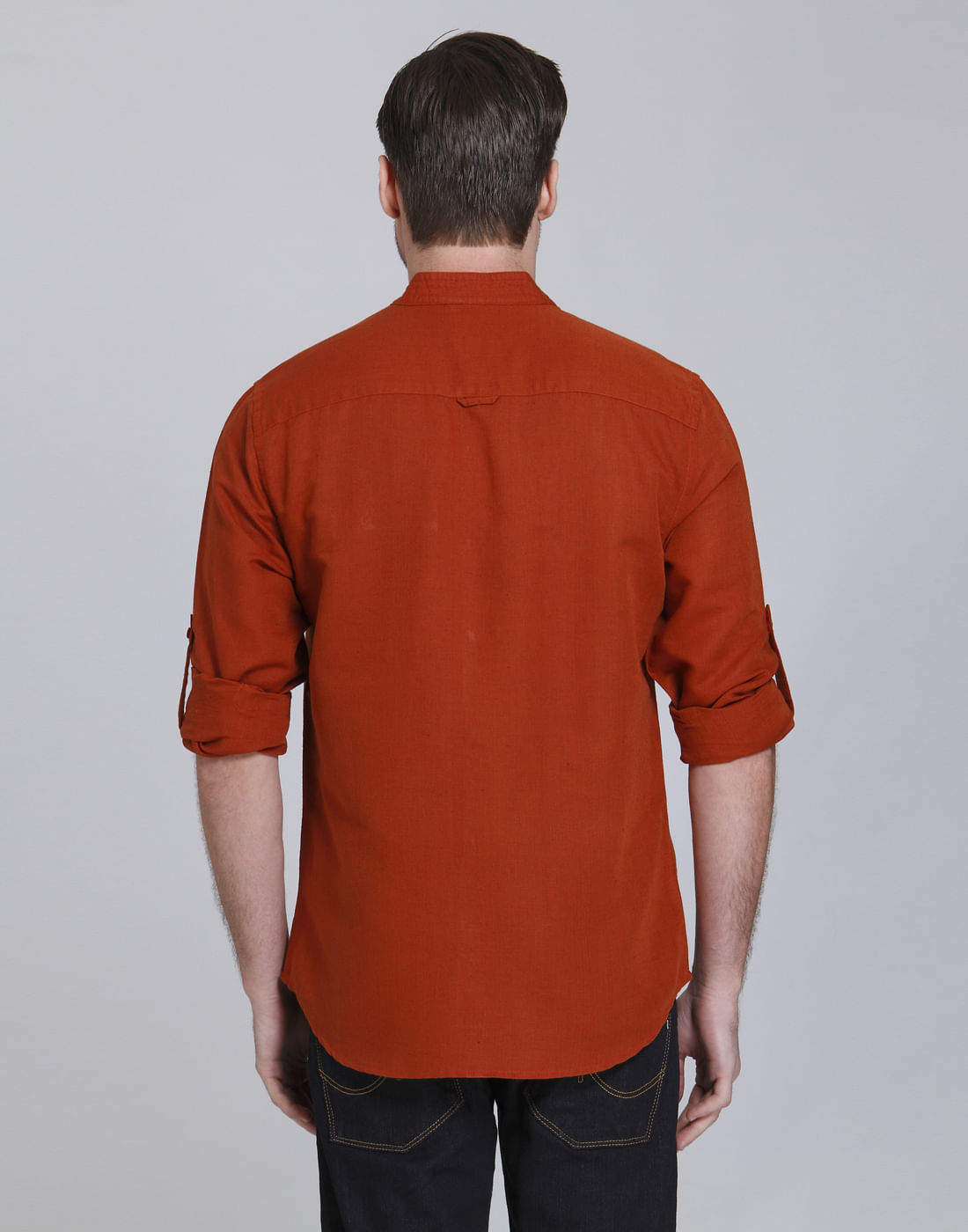 Rust Mandarin Collar Linen Shirt