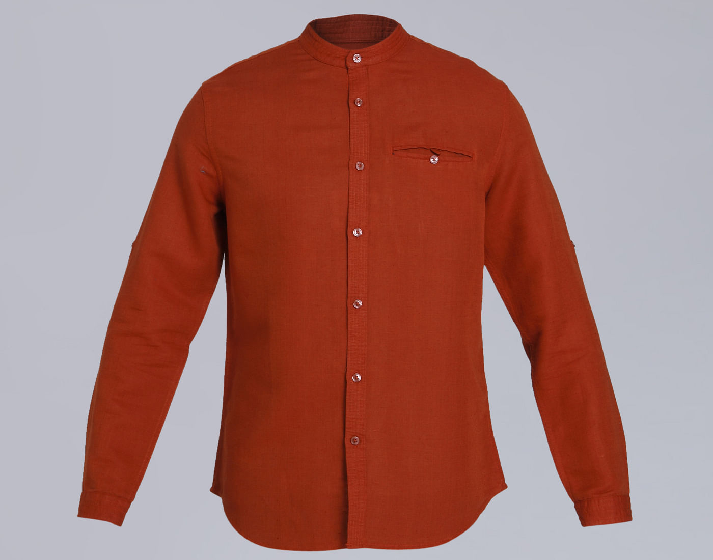 Rust Mandarin Collar Linen Shirt
