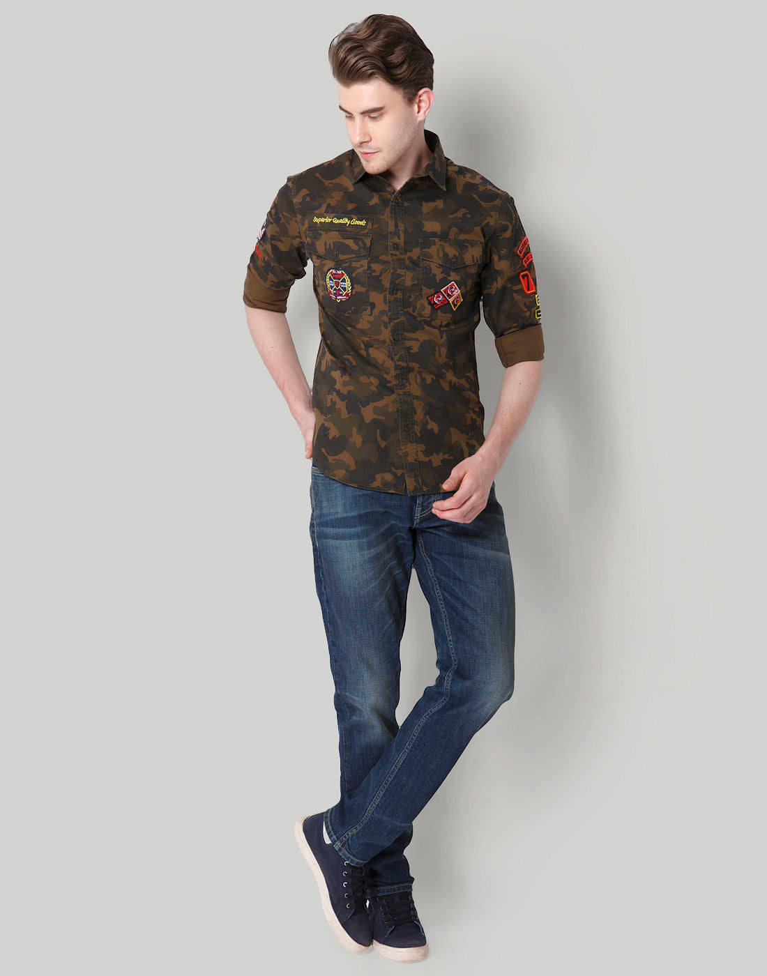Green Camo And Badge Detail Shirt