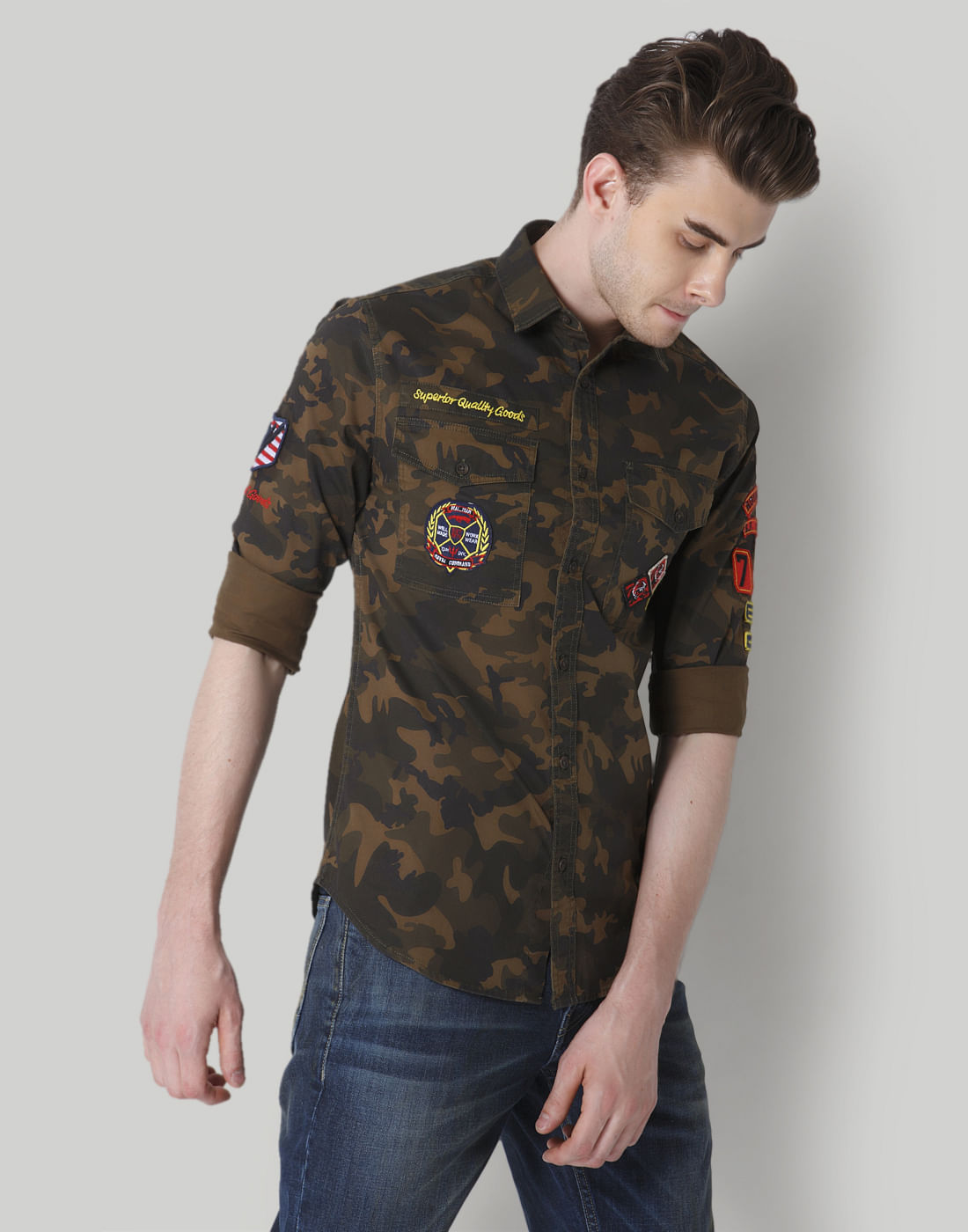 Green Camo And Badge Detail Shirt