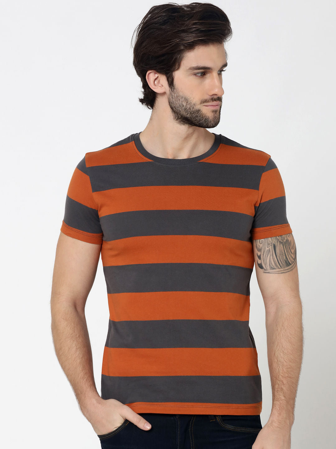 Rust Striped Crew Neck T-Shirt