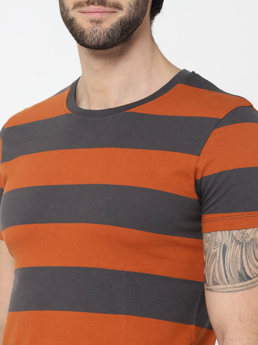 Rust Striped Crew Neck T-Shirt
