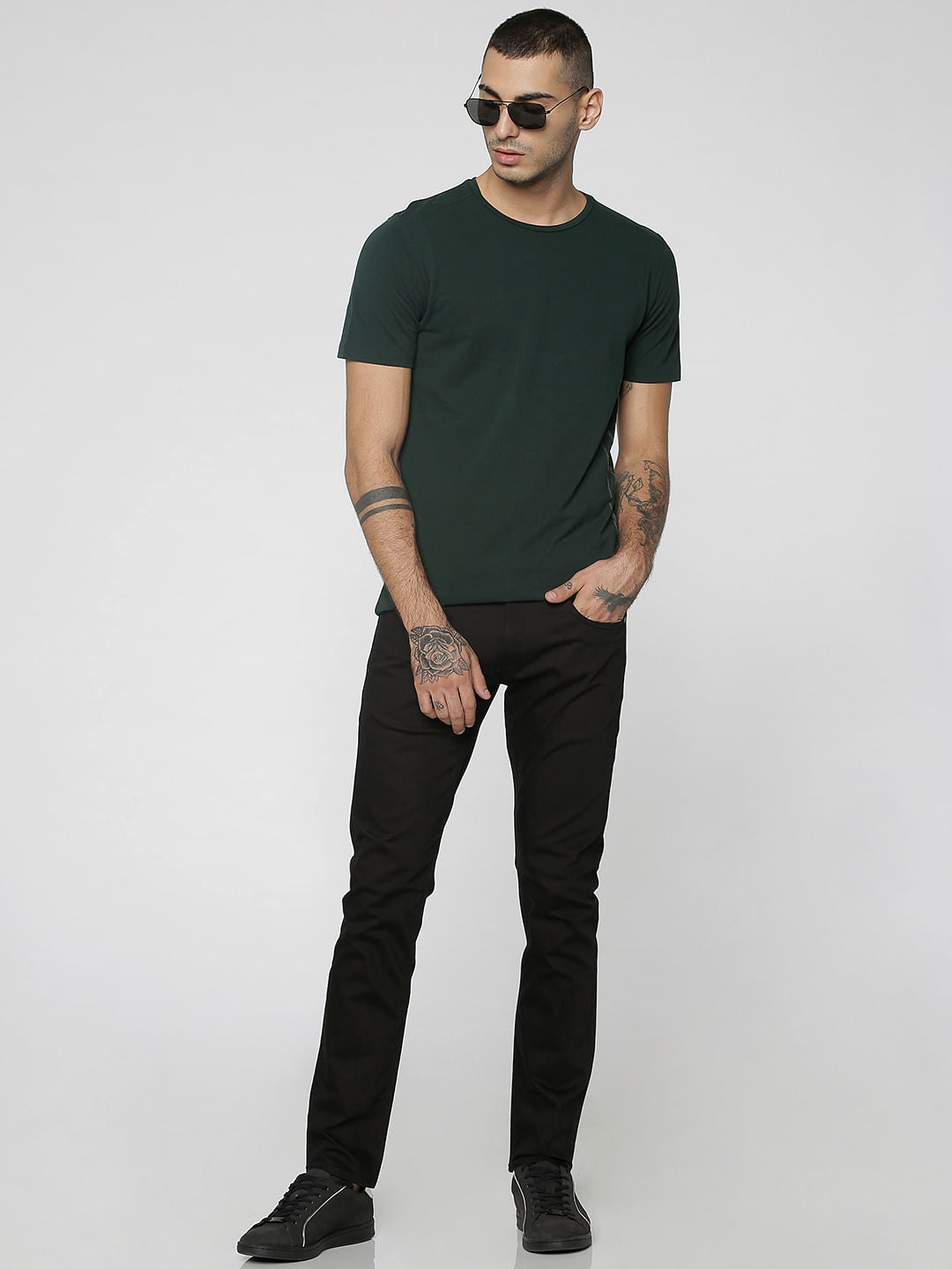 Dark Green Text Print Crew Neck T-Shirt