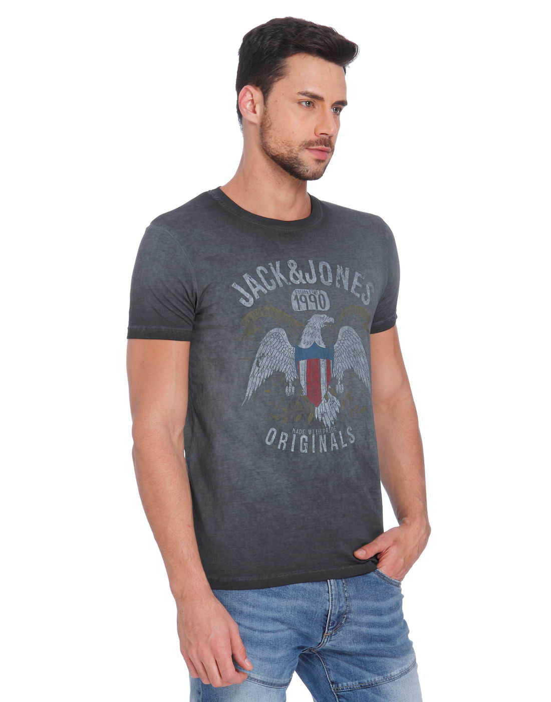 Dark Grey Eagle Print Crew Neck T-Shirt