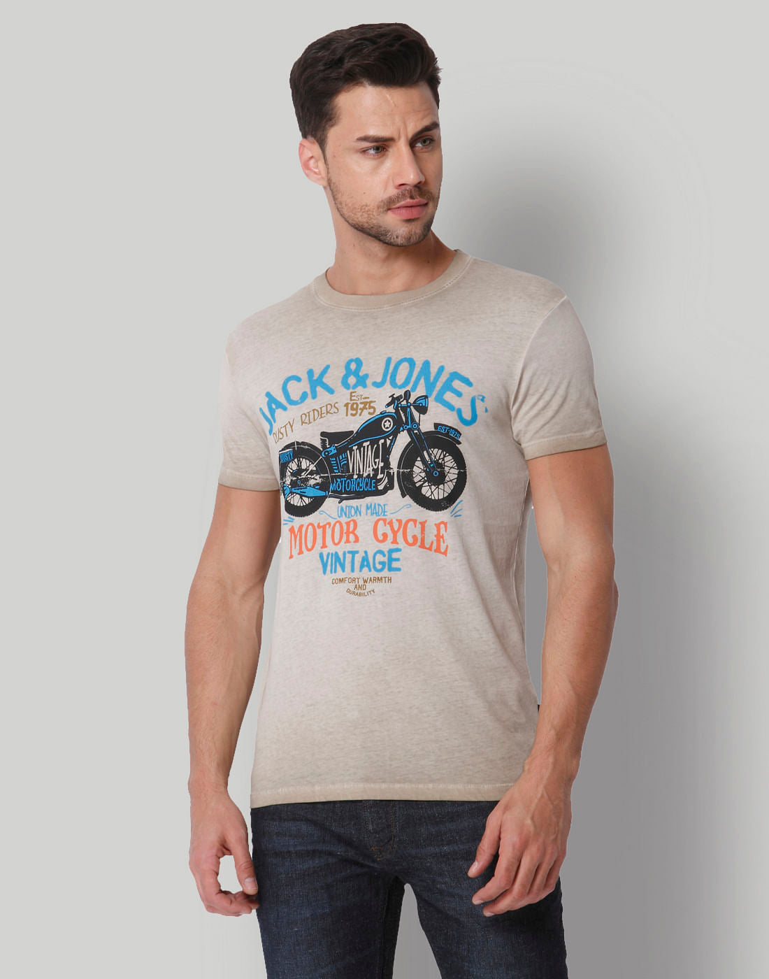 Beige Motorcycle Print Crew Neck T-Shirt