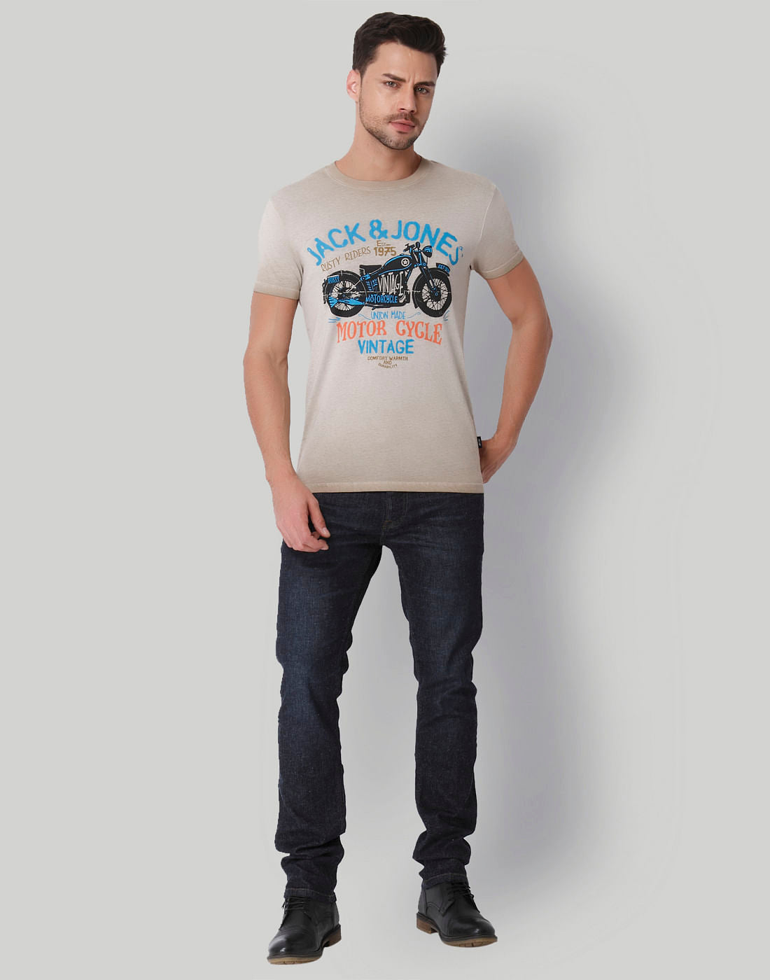 Beige Motorcycle Print Crew Neck T-Shirt