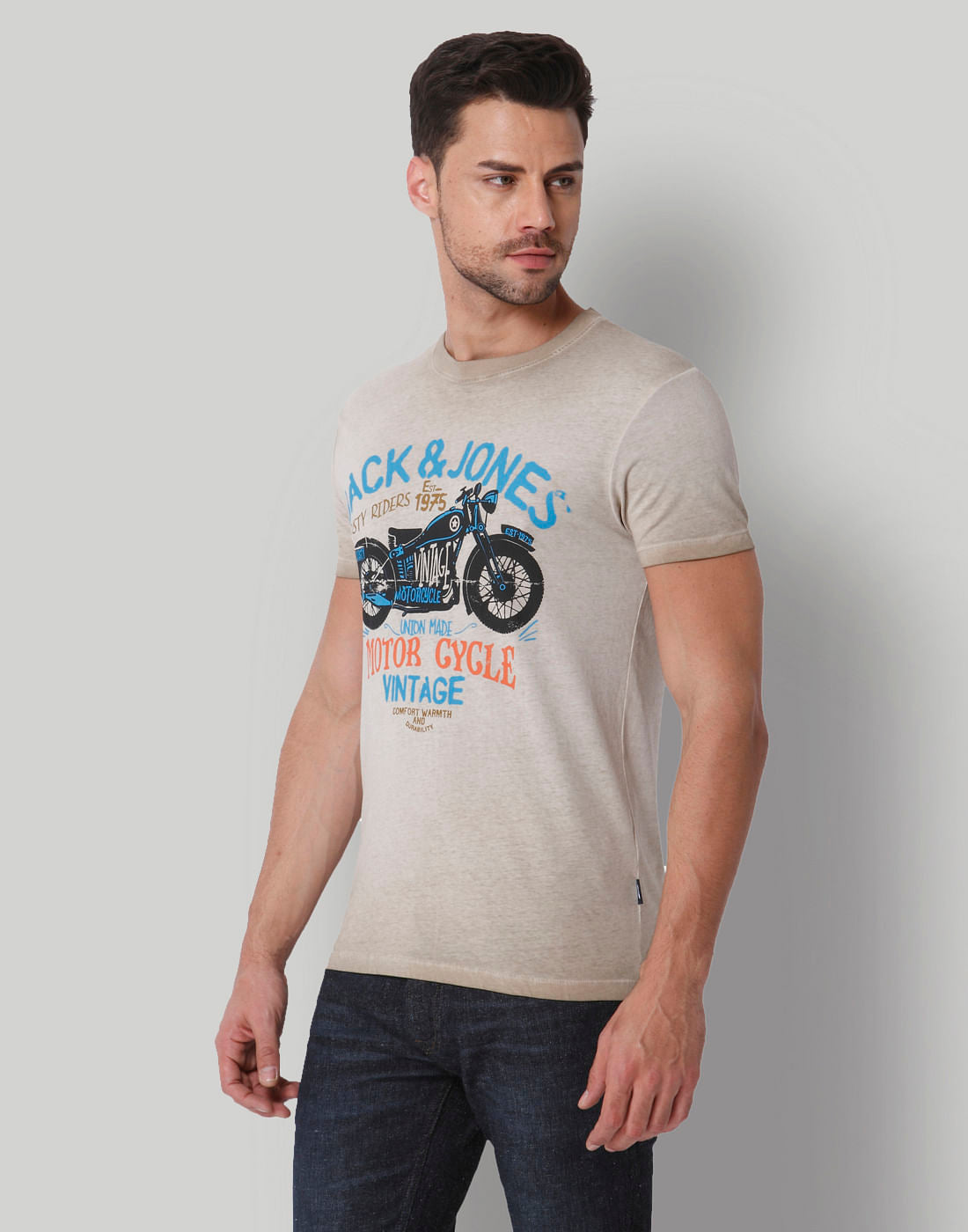 Beige Motorcycle Print Crew Neck T-Shirt