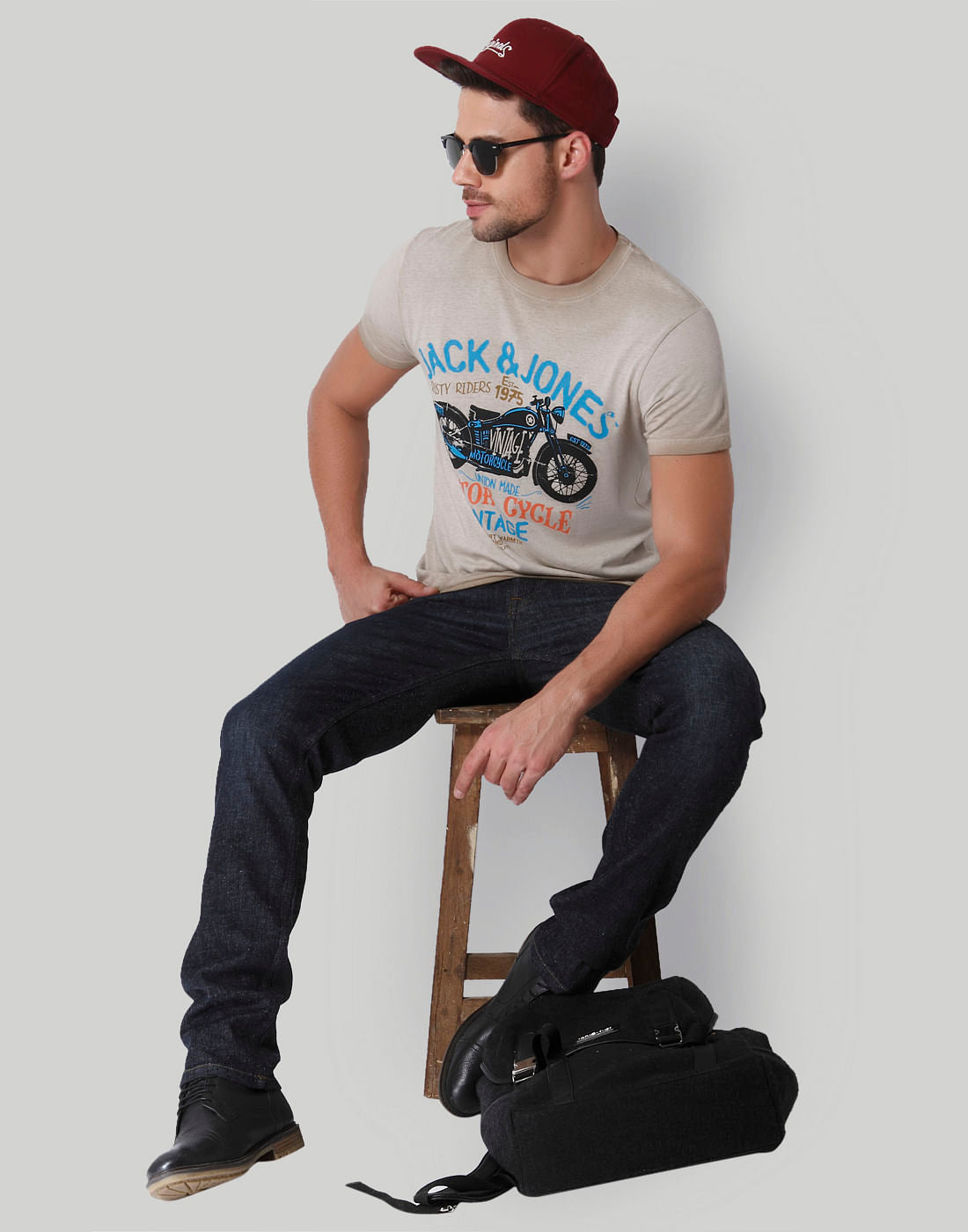 Beige Motorcycle Print Crew Neck T-Shirt