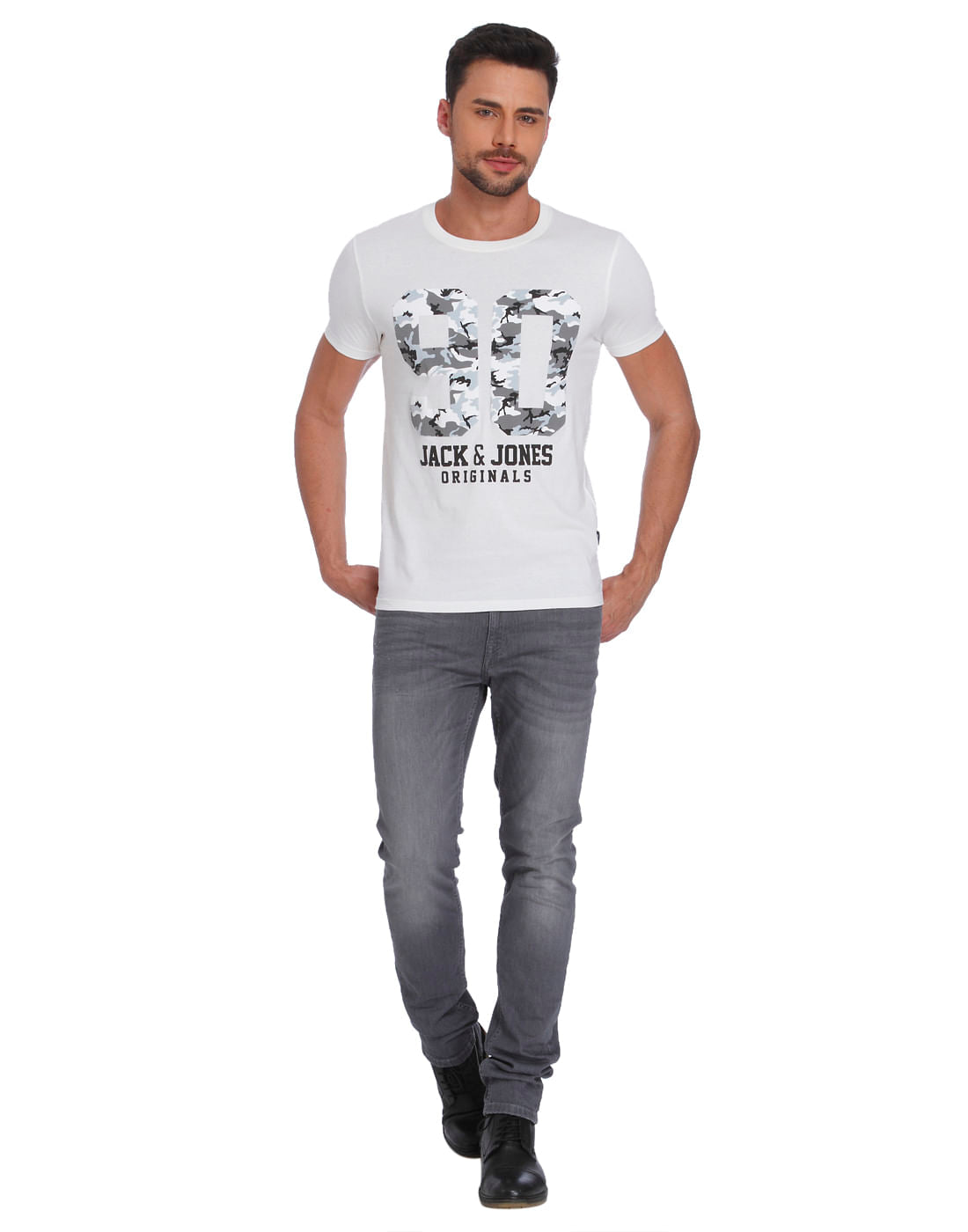 White Camo Graphic Print Crew Neck T-Shirt