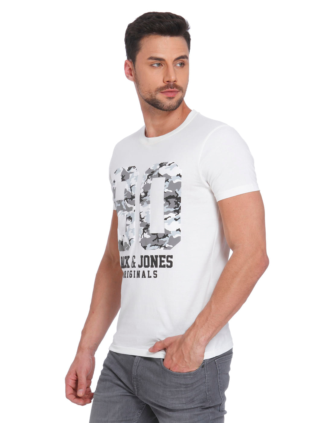 White Camo Graphic Print Crew Neck T-Shirt