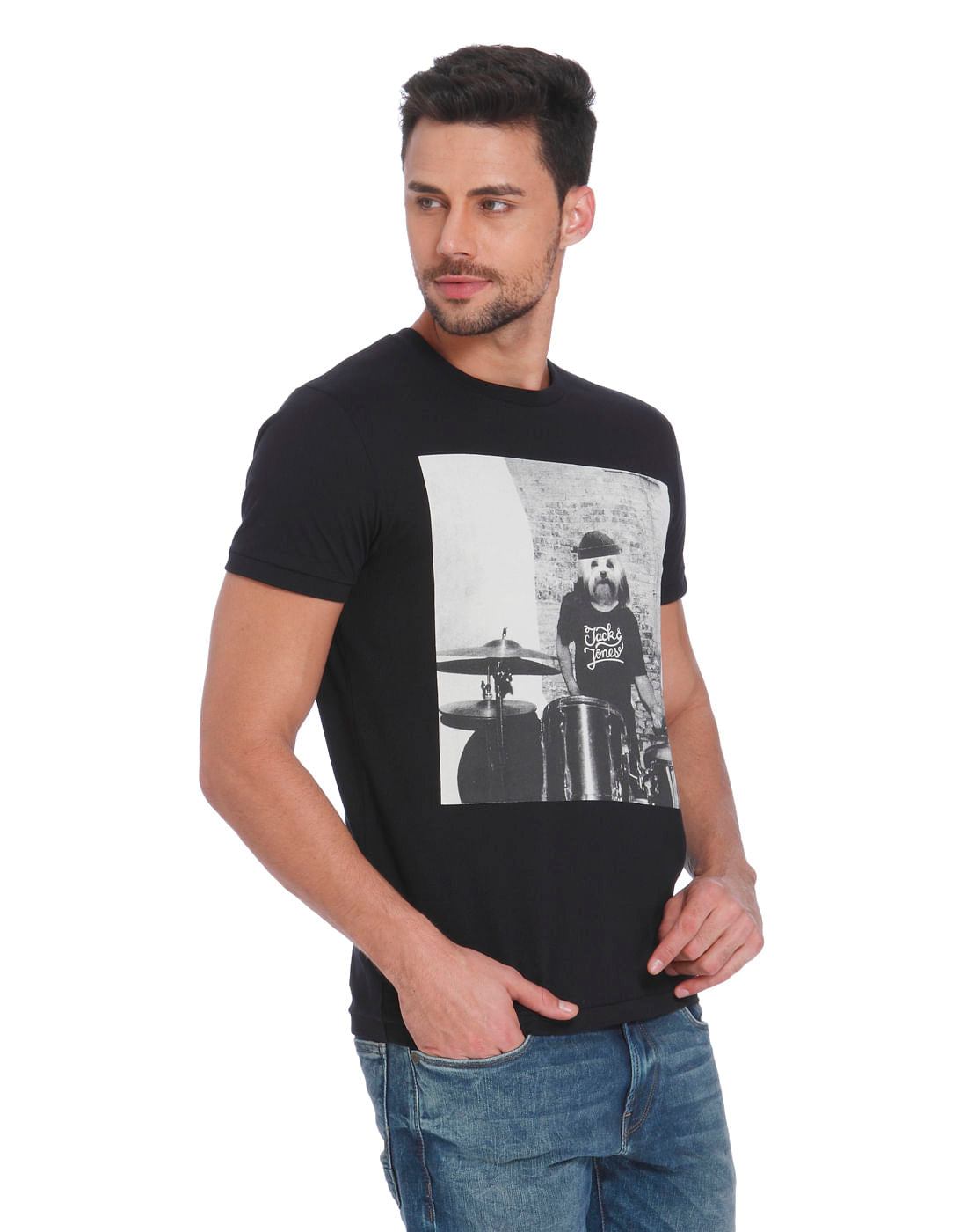 Black Dog Print Crew Neck T-Shirt