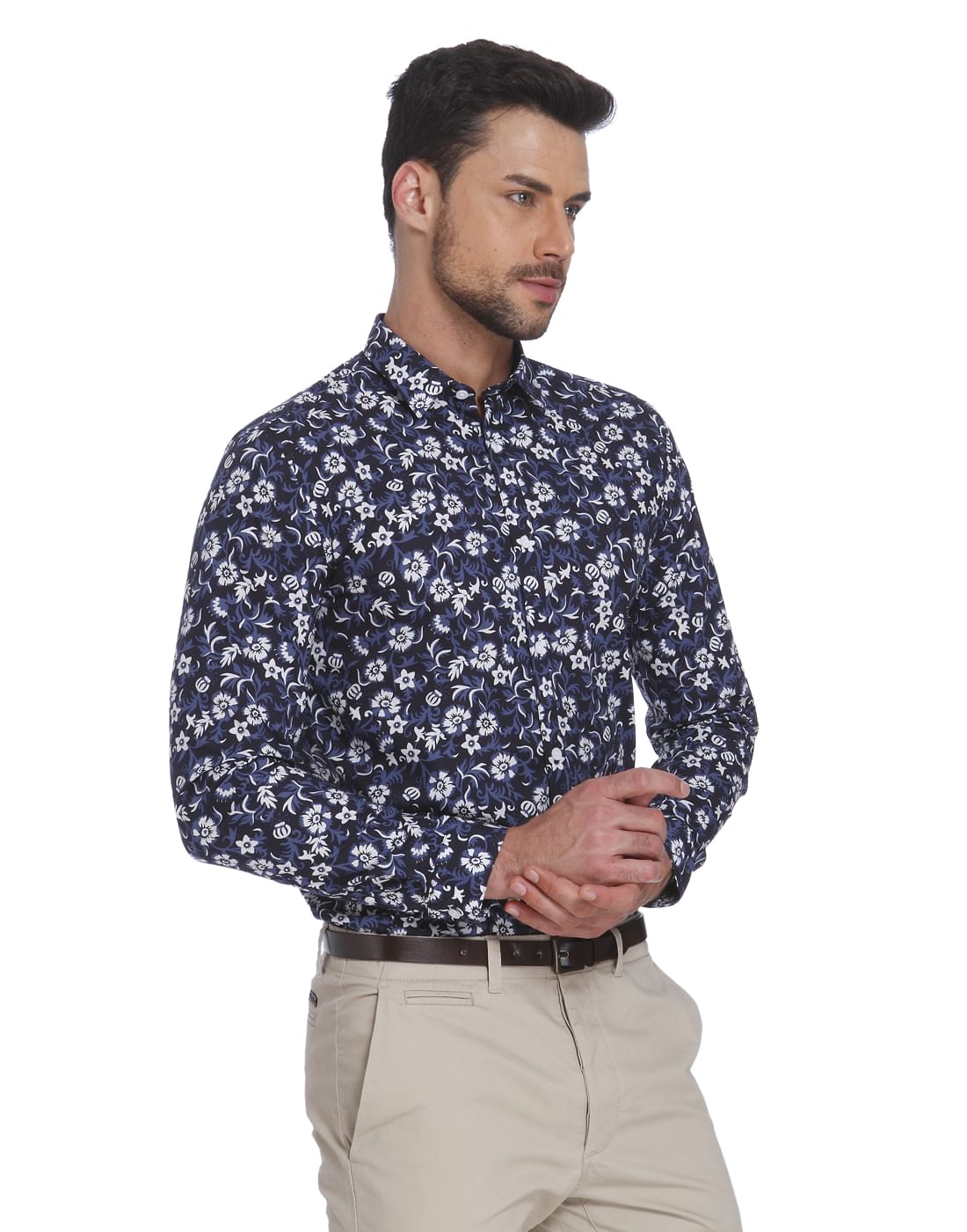 Dark Blue Floral Print Slim Fit Shirt