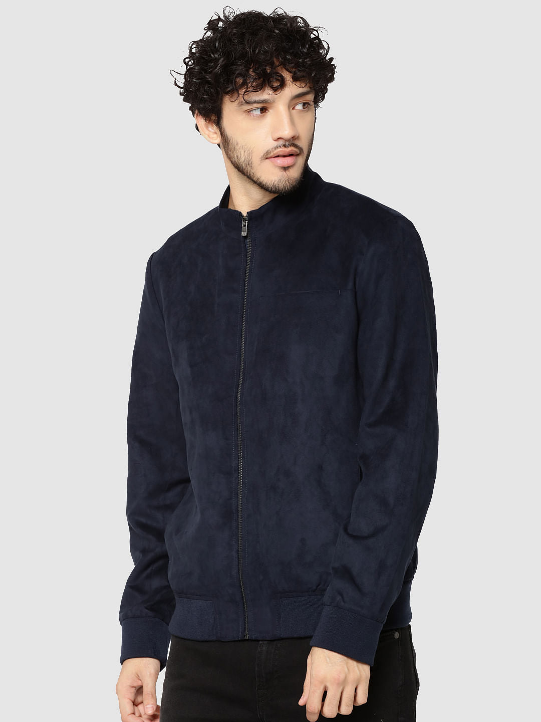 Dark Blue Suede Bomber Jacket