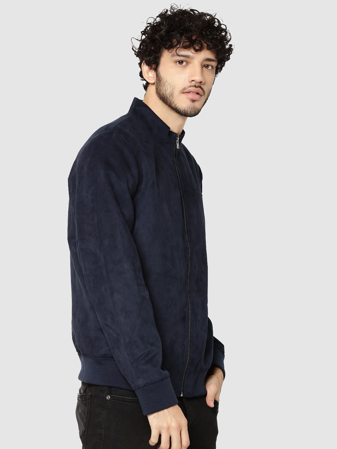 Dark Blue Suede Bomber Jacket