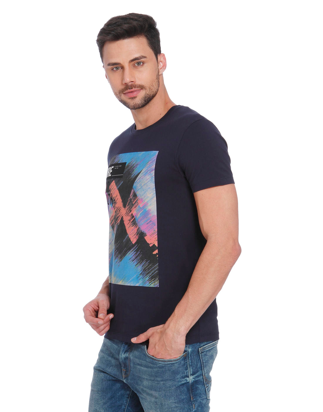 Black & Multi Colour Graphic Print Crew Neck T-Shirt