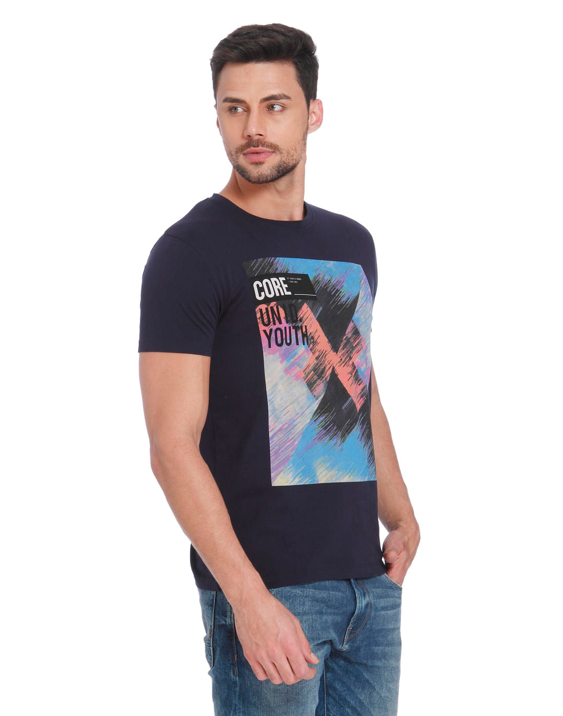 Black & Multi Colour Graphic Print Crew Neck T-Shirt